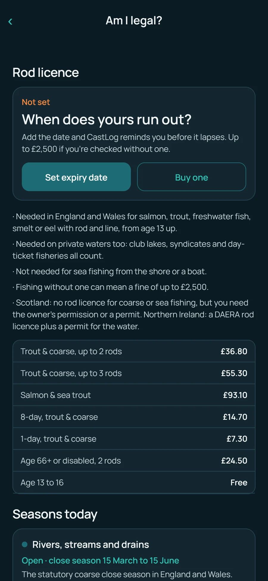 Am I legal: rod licence, seasons and keep rules